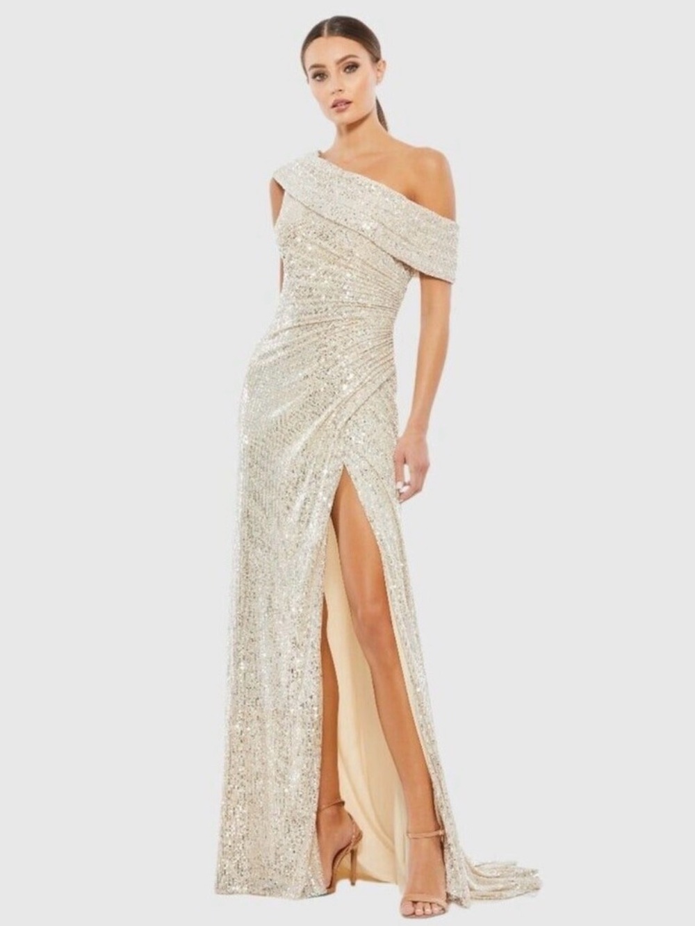 Mac Duggal Off-Shoulder Sequin Evening Gown in Gold